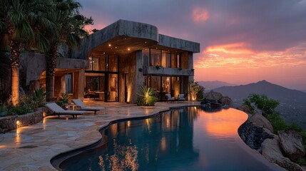 Obraz premium Lavish home built into a hilltop setting, surrounded by palm-lined paths and expansive ocean vistas