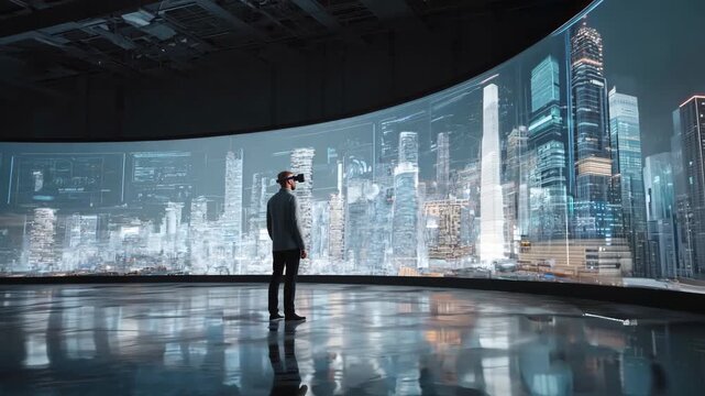 Businessman Using Virtual Reality to Explore Future City