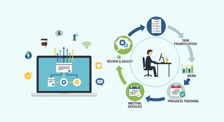Workflow Management Process Illustrated With Laptop And Cycle Diagram