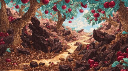 Enchanted Apple Orchard - A Whimsical Landscape of Red Fruits and Chocolate Rocks.
