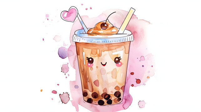 watercolor painting kawaii cute boba bubble tea