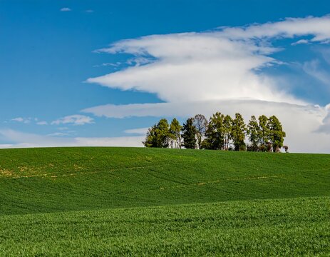 Rolling green hills under a vibrant sky