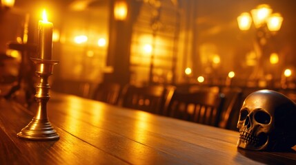 Candlelit table setting with a skull in a dimly lit bar, creating an eerie atmosphere for Halloween