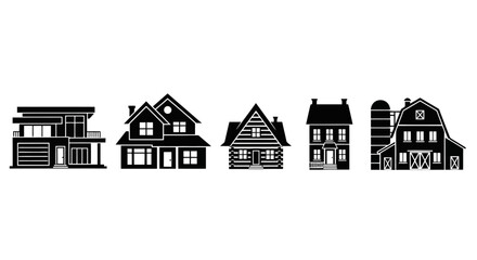 Diverse Black and White House Silhouettes Representing Various Architectural Styles for Real Estate and Home Design Projects