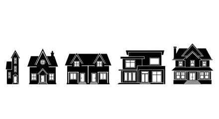 Diverse house silhouettes showcasing architectural styles for real estate, construction, and urban planning illustrations and design projects