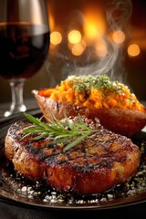 Steak Dinner with Sweet Potato and Red Wine Still Life