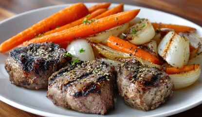 Grilled Meat with Roasted Carrots and Onions
