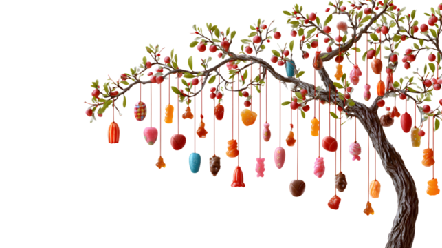 Whimsical candy-adorned tree evokes joy, festivity, and sweet memories for celebrations isolated on white background - Powered by Adobe