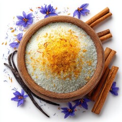 Wooden Bowl with Spices and Flowers