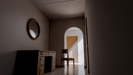 Minimalist 3D render of a quiet interior corner with chair, wooden furniture, and natural light through an archway. Perfect for concepts of solitude, design, or architectural art.