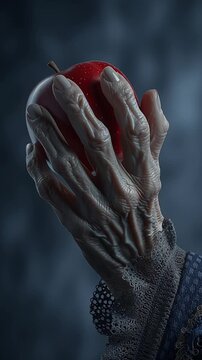 Aged Hand Holding Red Apple Dark Background