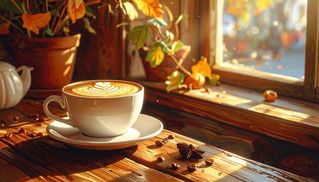 Morning Coffee with Autumn Leaves by Window with Sunlight Streams and Wooden Table Still Life Indoor Warm Tones and Cozy Atmosphere