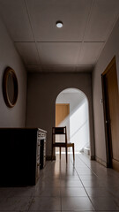 Minimalist 3D render of a quiet interior corner with chair, wooden furniture, and natural light through an archway. Perfect for concepts of solitude, design, or architectural art.