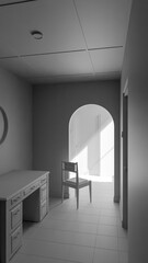 Minimalist 3D render of a quiet interior corner with chair, wooden furniture, and natural light through an archway. Perfect for concepts of solitude, design, or architectural art.