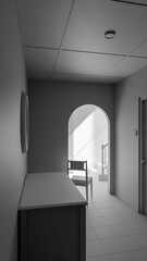 Minimalist 3D render of a quiet interior corner with chair, wooden furniture, and natural light through an archway. Perfect for concepts of solitude, design, or architectural art.