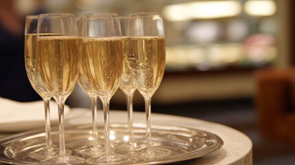 Elegant champagne glasses on a silver tray, set in a luxurious restaurant with blurred background ambiance