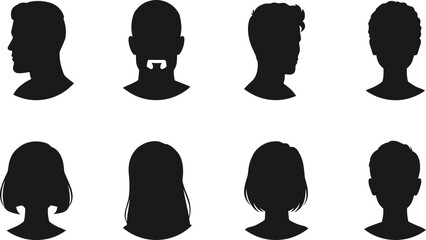 Black silhouette avatar collection of men and women heads, profile icons, human face outline, vector design elements for identity illustration