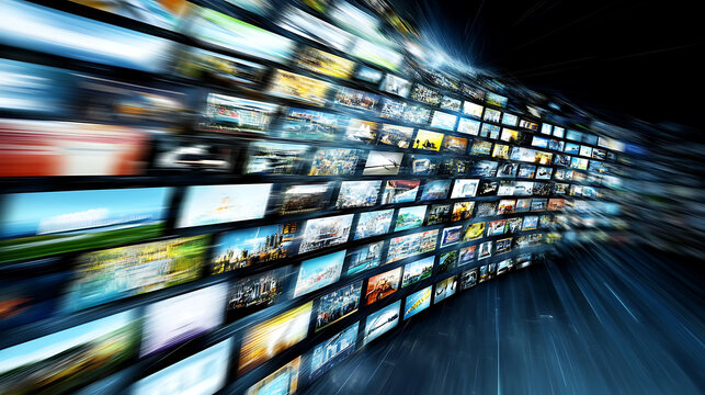 A dynamic array of video screens displaying various images and scenes, creating a sense of motion and digital immersion.