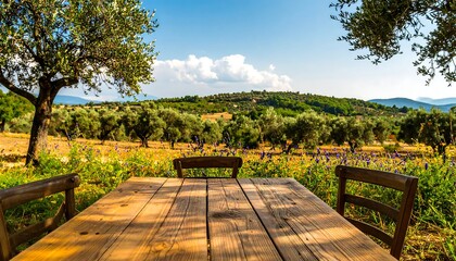 Outdoor wooden table in a lush landscape