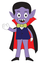 Print cute vampire, cartoon Dracula, Halloween character, kid-friendly monster, fantasy illustration, spooky fun, purple skin, fangs, cape, bow tie, children's design, and vector art