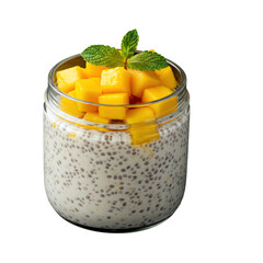 Healthy mango chia seed pudding in a glass jar with fresh mint isolated on transparent background