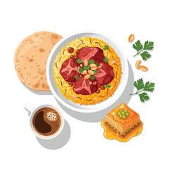 Delicious Middle Eastern Meal Lamb Mandi, Baklava, and Coffee