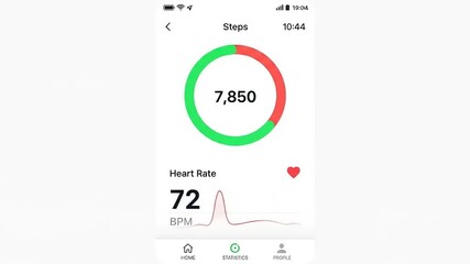 Health and fitness tracking app interface displaying step count and heart rate statistics - Powered by Adobe