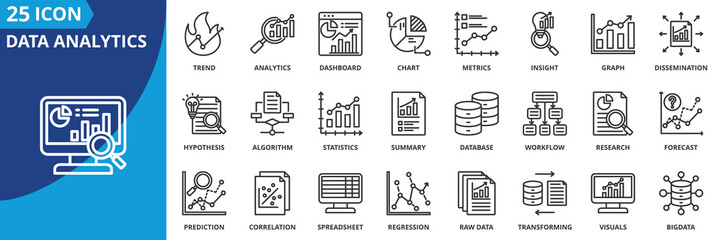 Data analytics icon set collection in outline style. Icon pack contains analytics, insight, metrics, dashboard, chart, graph, trend, algorithm, statistics, database