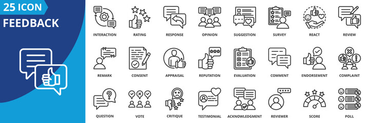 Feedback icon set collection in outline style. Icon pack contains feedback, review, comment, rating, response, opinion, suggestion, react, reputation, appraisal