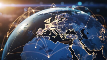 Global network connections illuminate Europe with vibrant light paths
