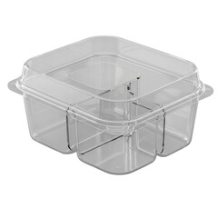 Clear square plastic food container with three compartments and lid isolated on transparent background