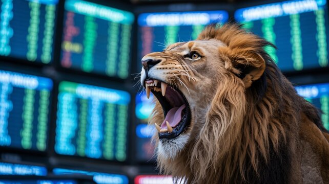 Lion roars against defocused stock market tickers representing financial power