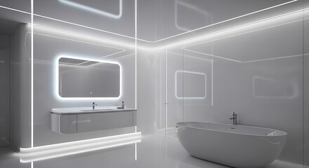 A futuristic, minimalist bathroom with a freestanding tub, integrated lighting, and a sleek vanity, showcasing modern design and cleanliness