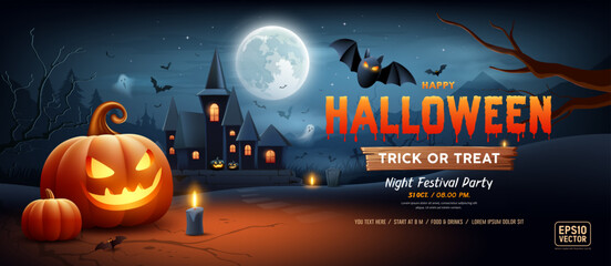 Obraz na płótnie Canvas Happy Halloween text orange design, night castle, pumpkins smile, tree, bat flying, ghost, candle, on fullmoon, banner design dark blue background