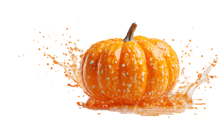 Pumpkin splashing orange liquid isolated on transparent background.
