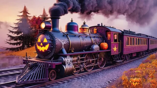 Halloween Steam Train with Glowing Jack O&rsquo;Lantern Face