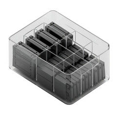 Transparent plastic container filled with small electronic components isolated on transparent background