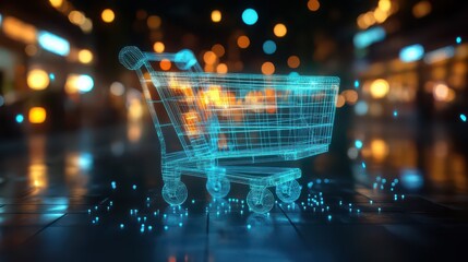A futuristic shopping cart made of glowing blue particles, symbolizing online shopping and digital commerce