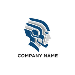 Blue and grey armored cyborg head logo with a futuristic, geometric design.