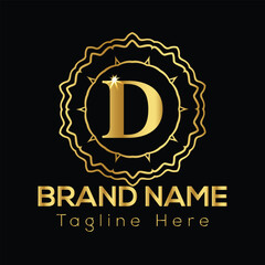 Golden letter D emblem with ornamental border and brand name text on black background D letter