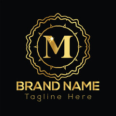 Golden letter M emblem with decorative border and brand name text on black background M letter logo