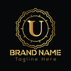 Golden letter U inside ornate circular emblem with brand name and tagline text U letter