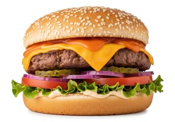 A juicy cheeseburger with a beef patty, melted cheddar cheese, lettuce, tomato, red onion, and pickles on a sesame seed bun, isolated on white background