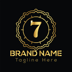 Golden number 7 emblem with brand name and tagline text on black background number seven