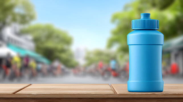 a bright blue water bottle rests on a wooden table against a blurred background of people and trees, symbolizing hydration and outdoor activity