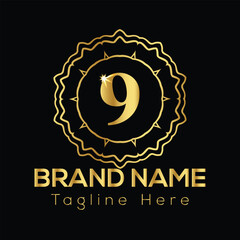 Golden number 9 emblem with brand name and tagline text on black background vector