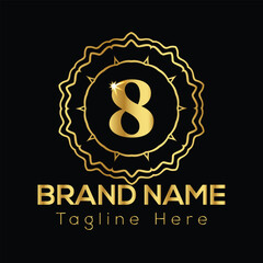 Golden number 8 emblem with brand name and tagline placeholders on black background logo