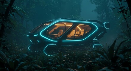 Sleek futuristic transport pod with glowing blue lights discovered deep within a mysterious, dense jungle