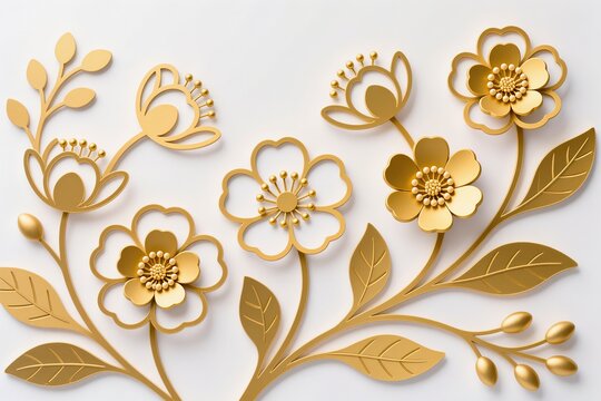 3d artwork of Decorative Ochna integerrimas illustration with golden outlines, luxury floral design, white base