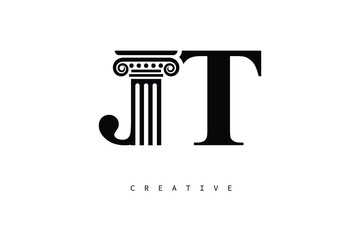 JT Law Prime Monogram Logo Design Classic Column & Legal Symbol